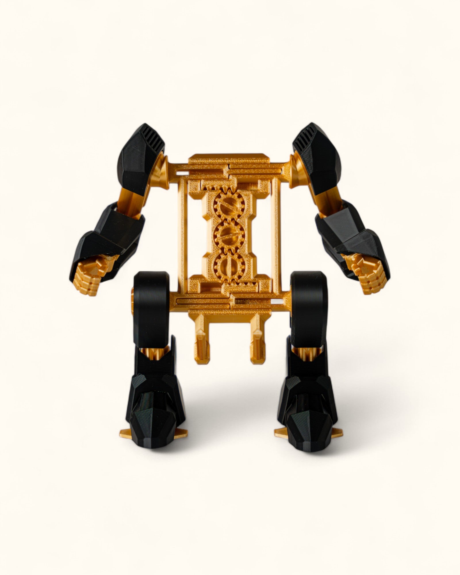 3D-printed mech-inspired phone stand with detailed armour plates, gear design, and hand feature for holding a charging cable, adjustable to fit most modern smartphones.