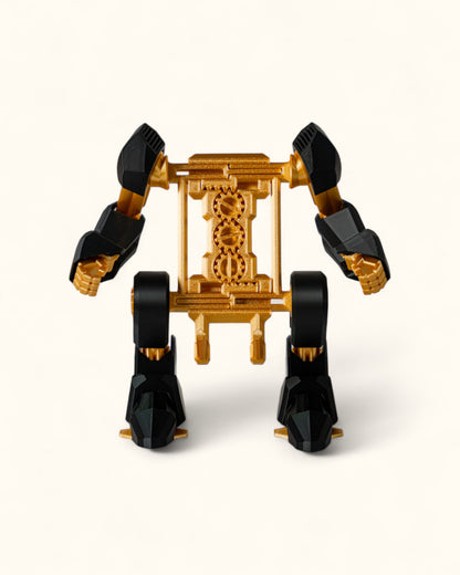 3D-printed mech-inspired phone stand with detailed armour plates, gear design, and hand feature for holding a charging cable, adjustable to fit most modern smartphones.