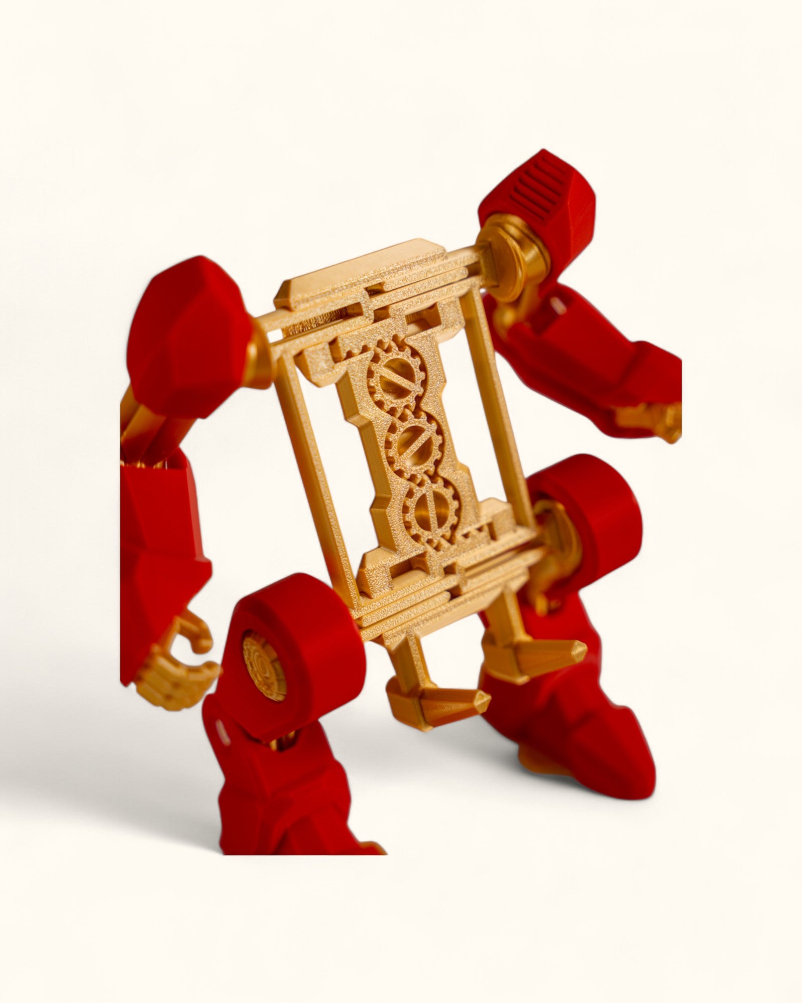 3D-printed mech-inspired phone stand with detailed armour plates, gear design, and hand feature for holding a charging cable, adjustable to fit most modern smartphones.